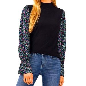 CeCe Mixed Media Mock Neck Floral Chiffon Long Sleeve Blouse